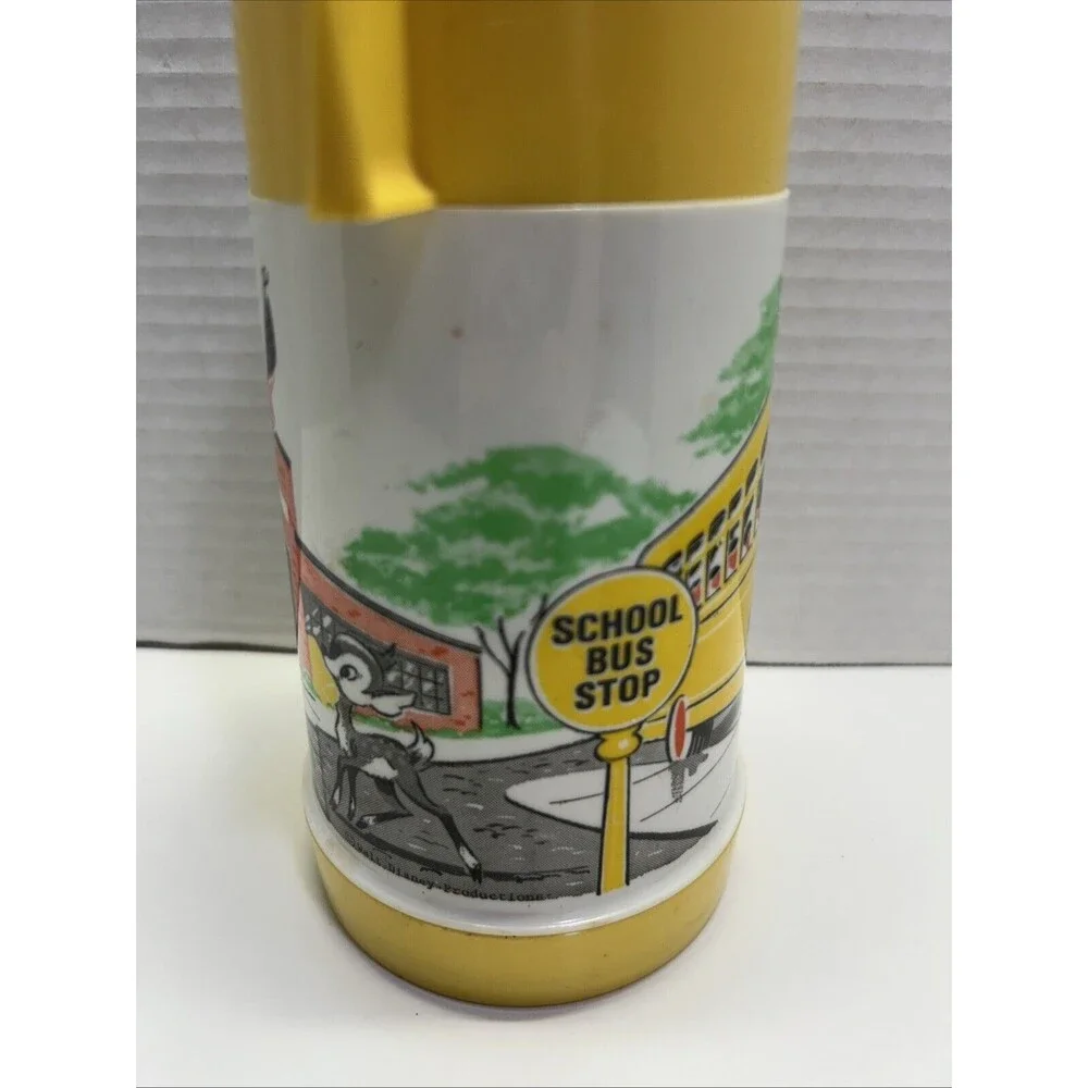 VTG Disney Mickey School Bus Yellow Thermos By Aladdin, Bottle, Lid/Cup  Stopper - Picture 3 of 9